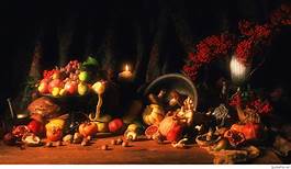 A still life of fruit and vegetables in a dark setting.