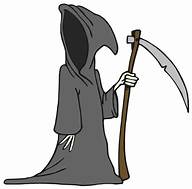 A cartoon grim reaper holding a scythe.